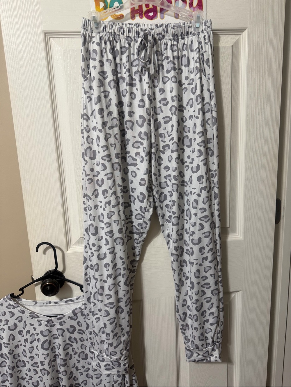 2 Piece White and Gray Leopard Print V‑Neck Pajama Set